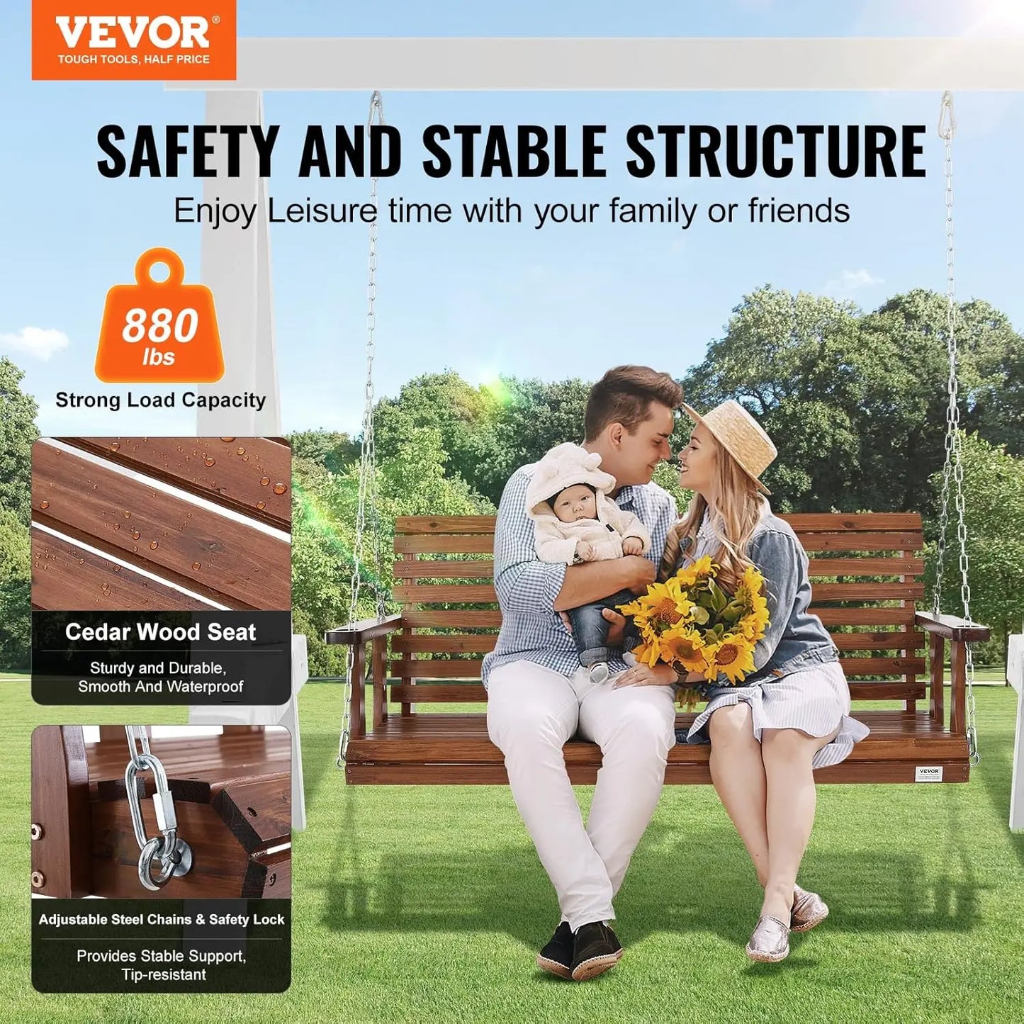 Outdoor Patio Bench Swing in Brown, Wooden, 5 ft, Upgraded 880 lbs Strong Load Capacity with Hanging Chains