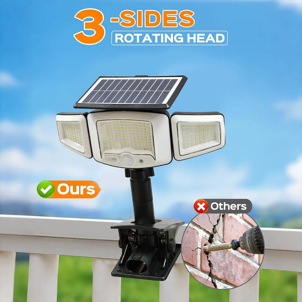 Solar LED Street Light Outdoor Clip-on Motion Sensing Light 3 Adjustable Lamp Heads Camping Light, for Fences Decks Garages Wall