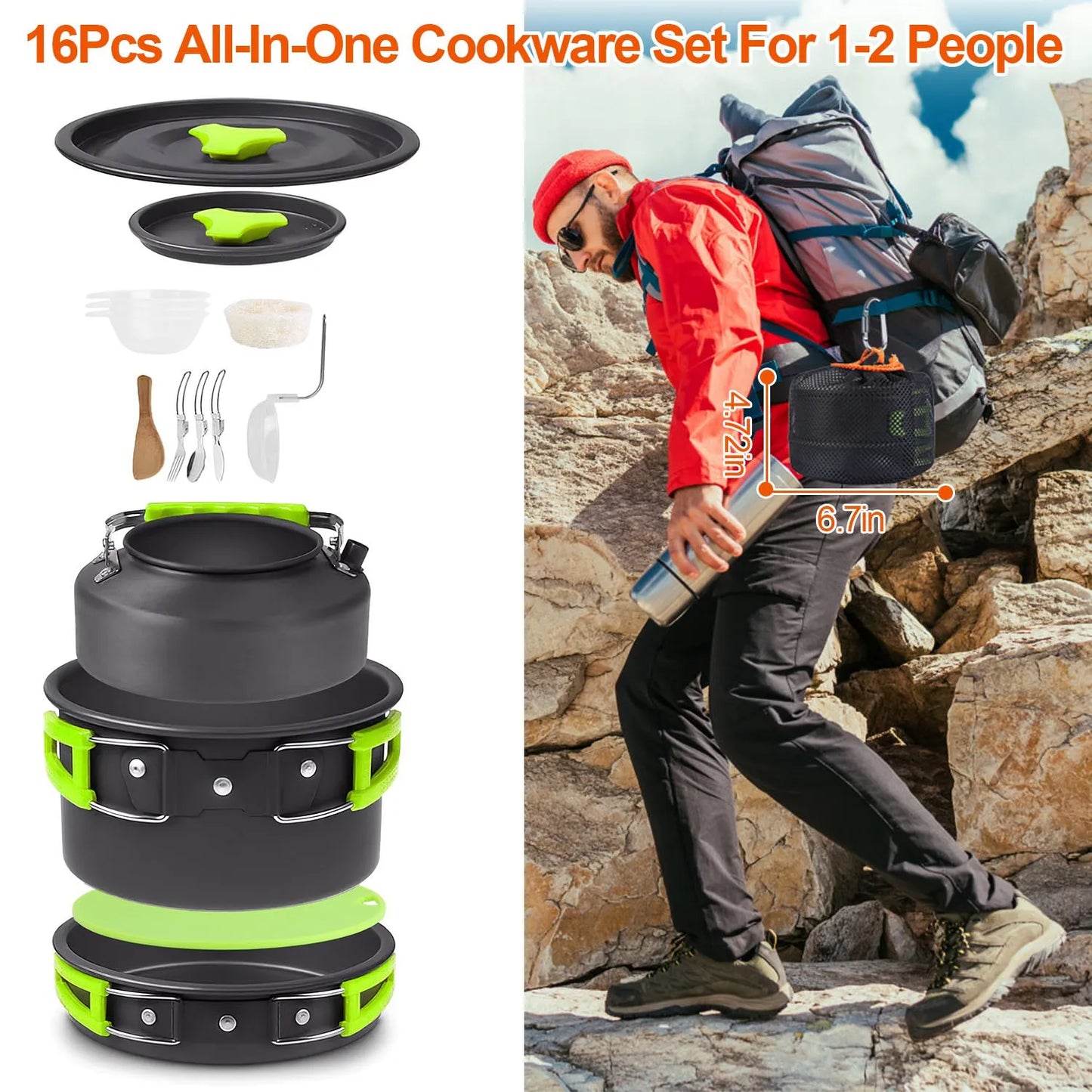 16Pcs Complete Camping Cookware Mess Kit, Lightweight Hard Anodized Aluminum Outdoor Cooking Set with Pot, Pan, Kettle, Foldable Spoon Fork Knife Soup Spoon, 3 Plastic Bowls, Wooden Spatula, Cutting Board, Cleaning Tool, Cara