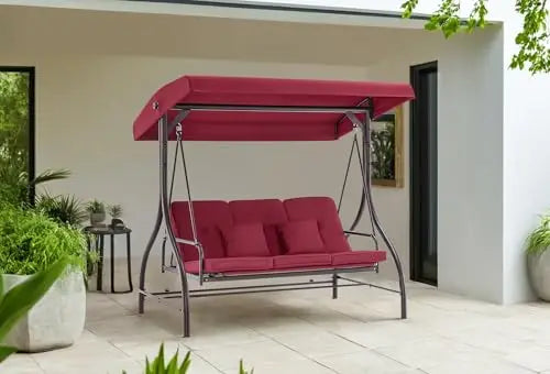 Burgundy 3-Seater Outdoor Swing With Detachable Cushions, Adjustable Canopy, And Convertible Glider Design For Patio Deck Garden