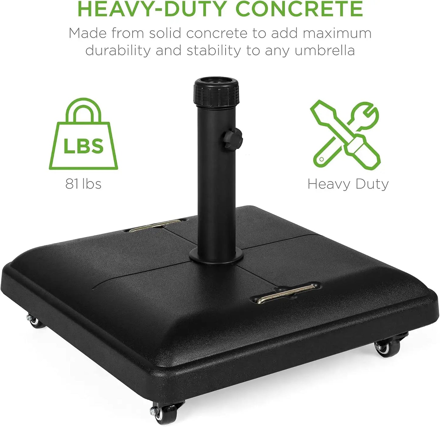 Heavy Duty Square Concrete Rolling Outdoor Patio Umbrella Base Stand With Locking Wheels and Carrying Handles, Mobile Parasol Holder Weight Bag Anchor Unit For Backyard Deck Poolside Garden, Black