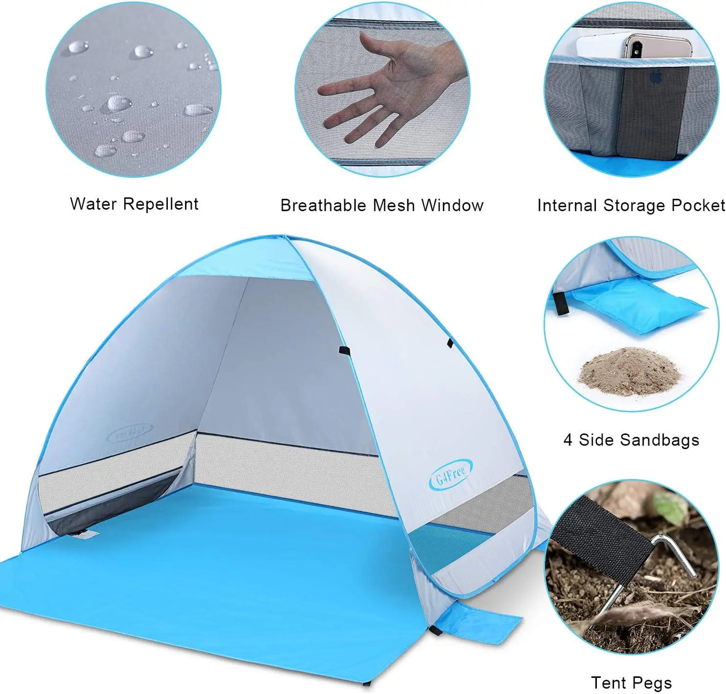 Large Pop Up Beach Tent for 3-4 Person, Automatic Sun Shelter Canopy with UV Protection, Portable Outdoor Cabana