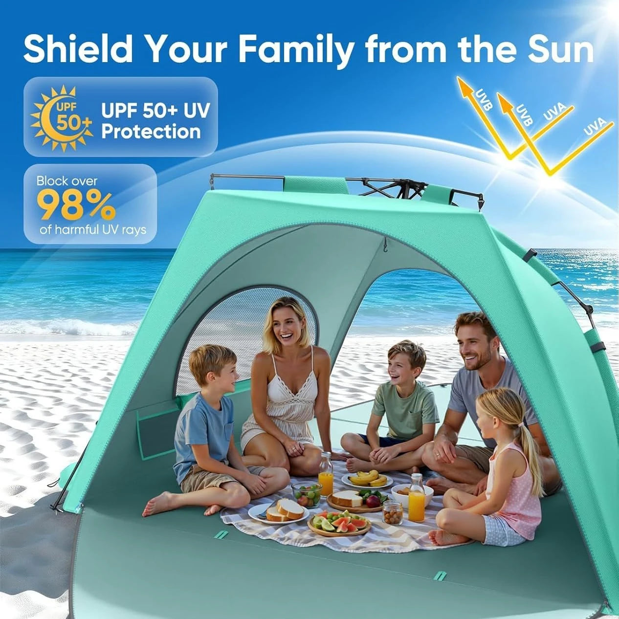 Beach Tent Sun Shelter for 5-6 Person, Pop Up Beach Canopy Waterproof Tarpaulin Awnings, UPF 30+ UV Protection, Breathable Mesh Window, Home Garden Party Tent,Portable Sun Shade Tent with Carrying Bag for Sands & Outdoor Beac