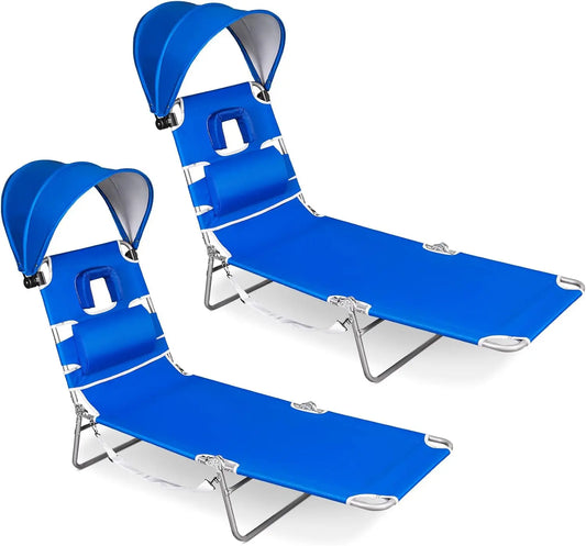 2 Pack Folding Beach Tanning Chair with Face Hole Canopy Shade 5 Position Reclining Flat Lounge Chair Face Down Sun Lounger Side Pocket Royal Blue