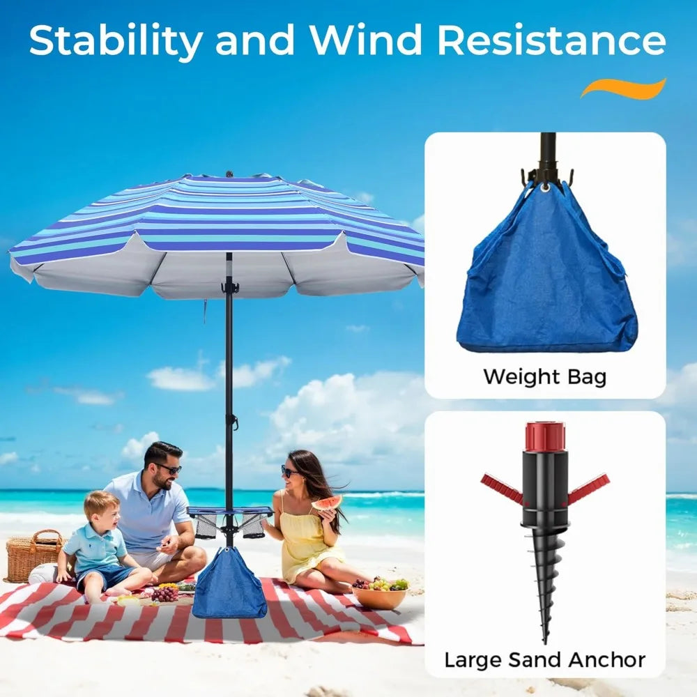 7FT Large Beach Umbrella with Weight Bag Sand Anchor Adjustable Aluminum Pole Table Windproof UPF 50