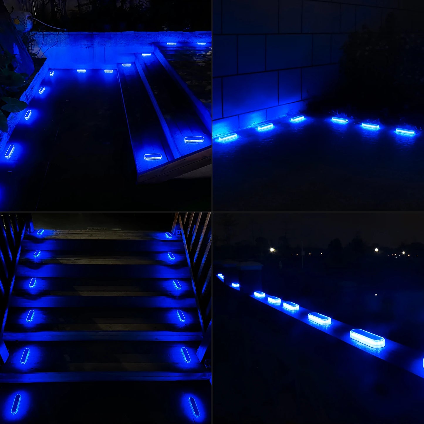 5 Years Lifespan 4 Pack Solar LED Deck Lights Blue Auto On/OFF Outdoor Waterproof IP68 Anti-pressure 5 tons Solar Garden Step Lights for Stairs Fence Yard Patio Pathway