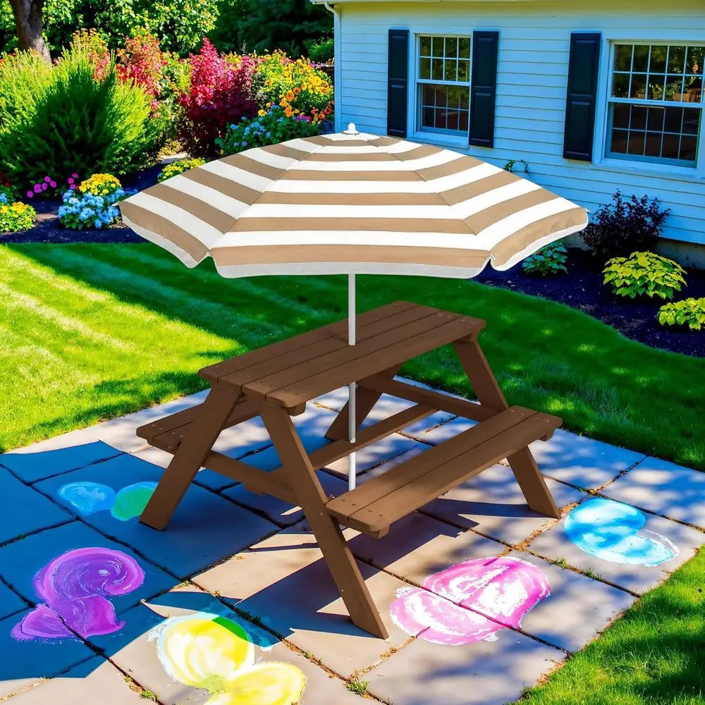 Sturdy Wooden Kids Picnic Table With Umbrella And Benches
