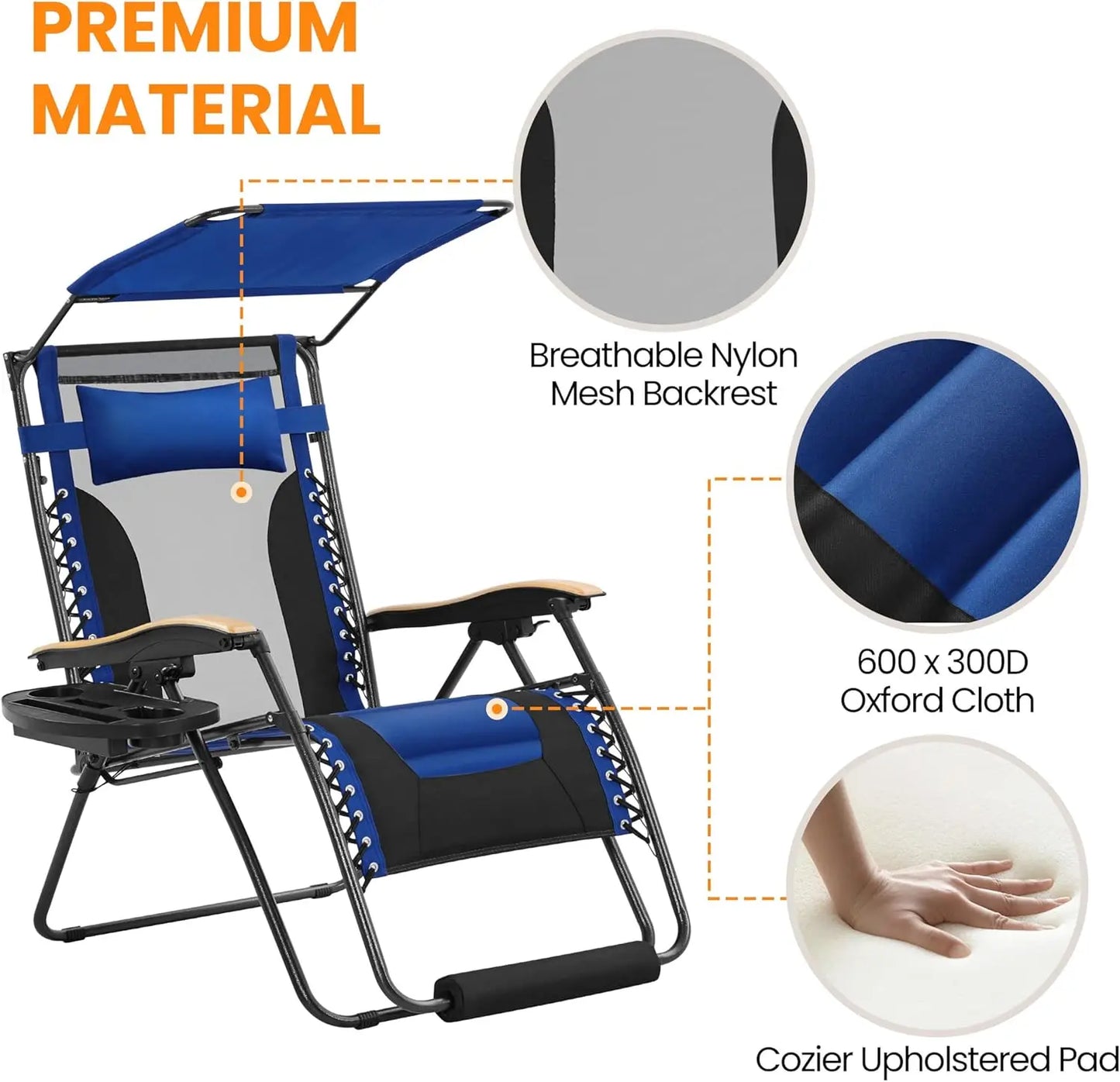 Zero Gravity Chair with Canopy, Cup Holder & Headrest - Adjustable Patio Recliner for Outdoor Relaxation, Navy Blue/Black