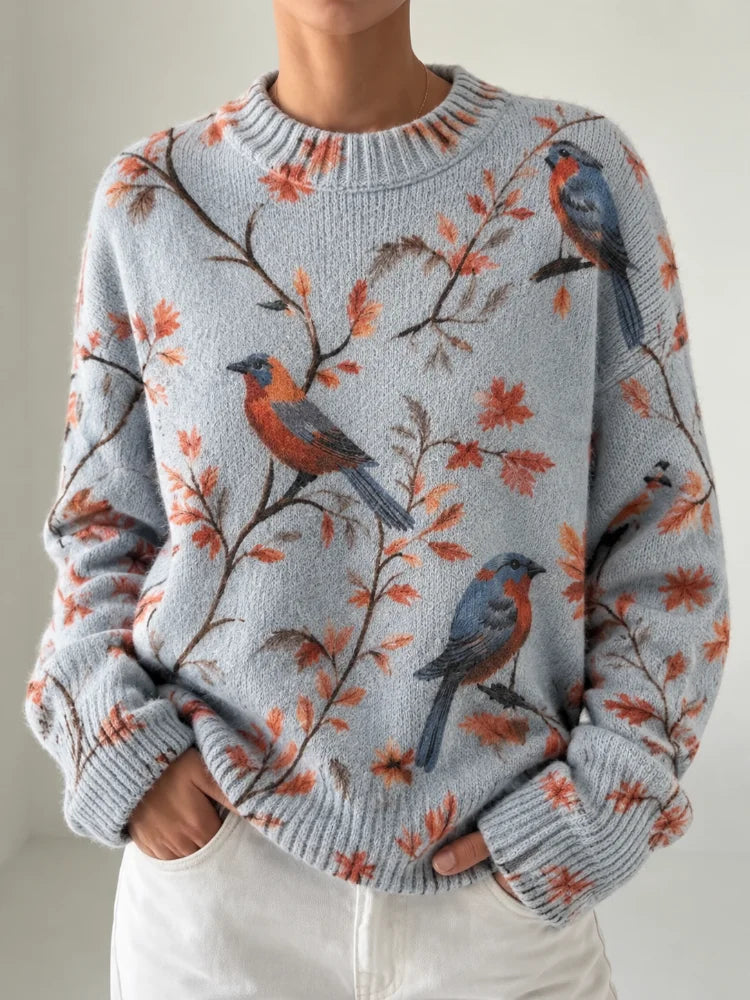 Women's Printed Knitted Pullover, Loose and Casual, Soft and Warm, Light Blue Retro Bird-Pattern Watercolor Leaf Design Round-Neck Long-Sleeved Daily Fall/Winter Layered Sweater