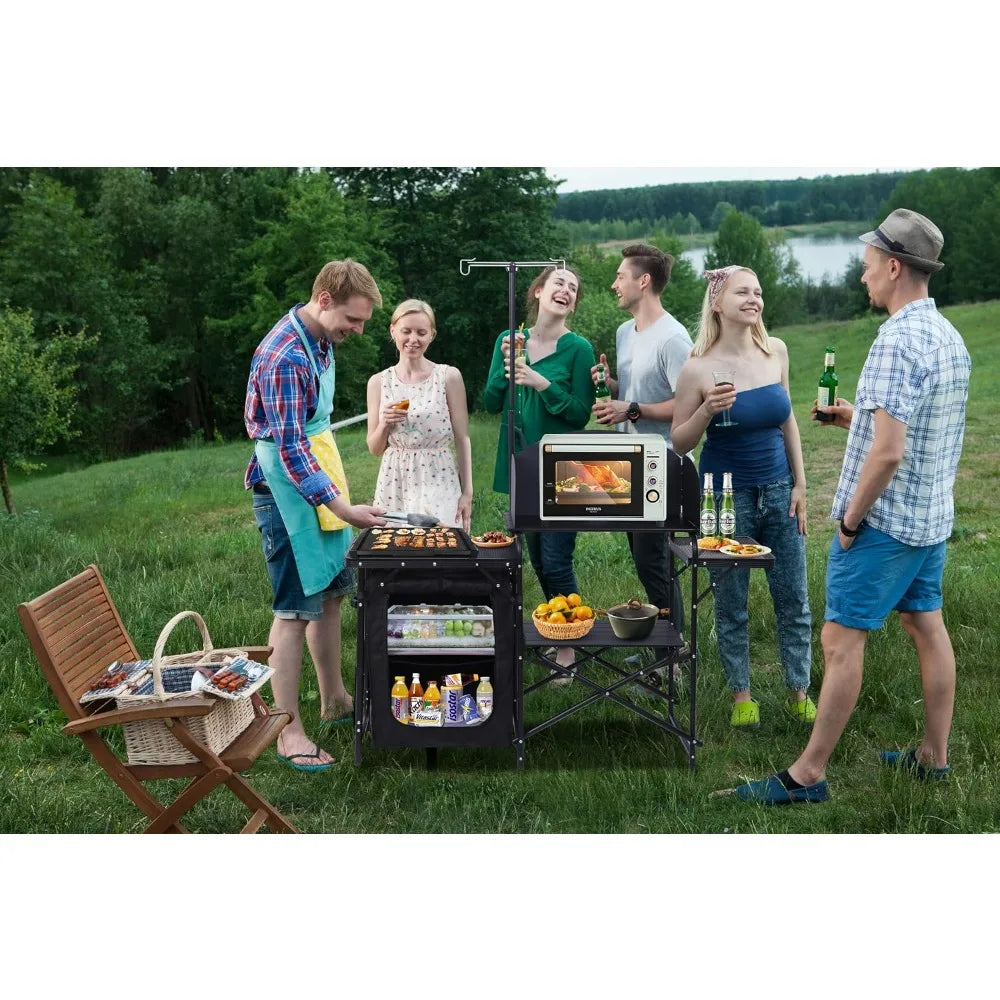 Portable Camping Kitchen Station with Light Stand & Windshield, Foldable Grill Table, Outdoor Cook Organizer, Carry Bag Included (Black)