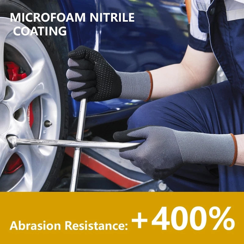 6PCS Work Gloves MicroFoam Nitrile Coated Durable Seamless Knit Safety & Work Gloves with Dot Grip for Men Mechanic Auto Garden