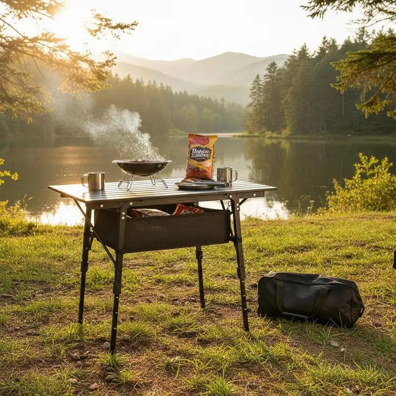 Outsunny camping table with storage basket, height-adjustable, foldable, aluminum, black