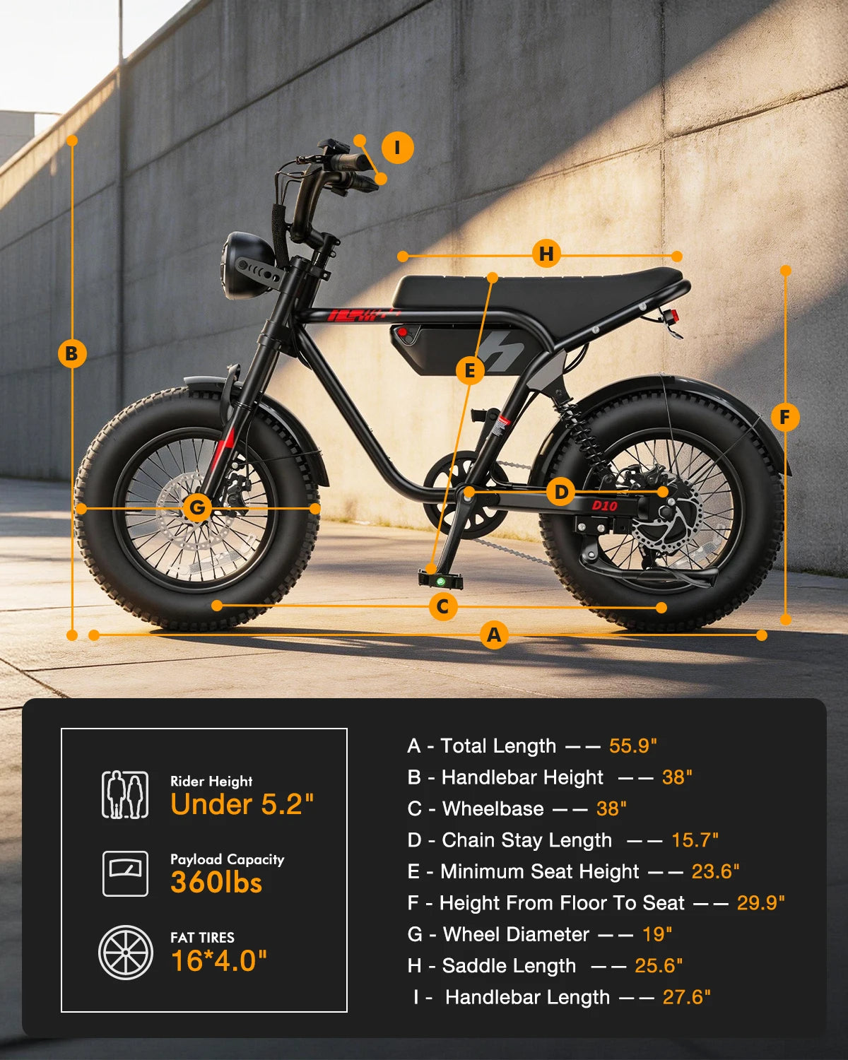 Hopepeak D10 Electric Bike, 16" Fat Tires Electric Mountain Bike, 1200W Peak Motor 48V 10.4Ah, 25 MPH 55Mi Range Off-Road Ebike with Full Suspension
