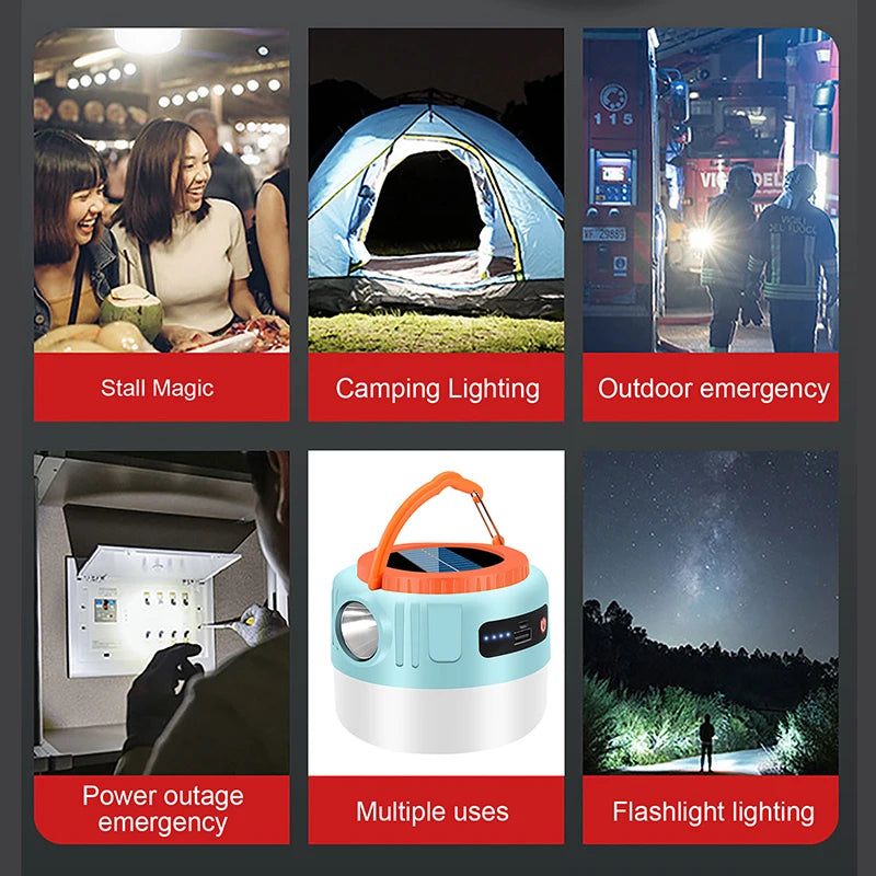 New Solar Camping Light Power Bank LED Tent Flashlight Handheld Waterproof Outdoor 6 Gear Switching USB Rechargeable with Remote