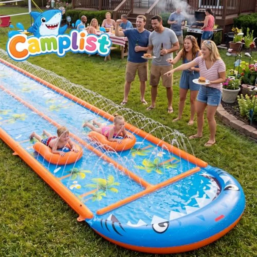 Outdoor backyard water slide for adults and kids, heavy-duty PVC, blue orange, 40×5.9FT with 3-way sprinkler and 2 boards