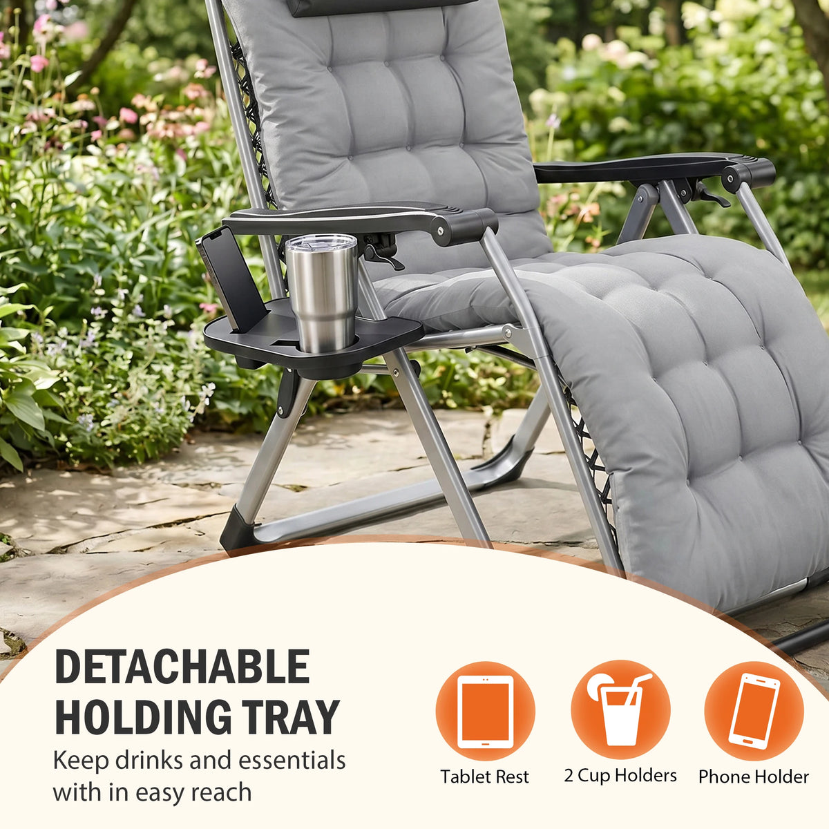 JHK Zero Gravity Reclining Outdoor Lounge Chair With Tray