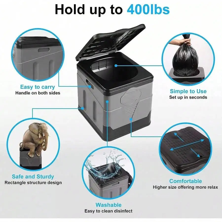 Portable Folding Toilet With Lid - Camping, Boating & Outdoor Travel Emergency Use - Includes Trash Bag & Storage Bag - No Electricity Required - Space-Saving Design For Cars, Trucks & RVs - Durable Plastic