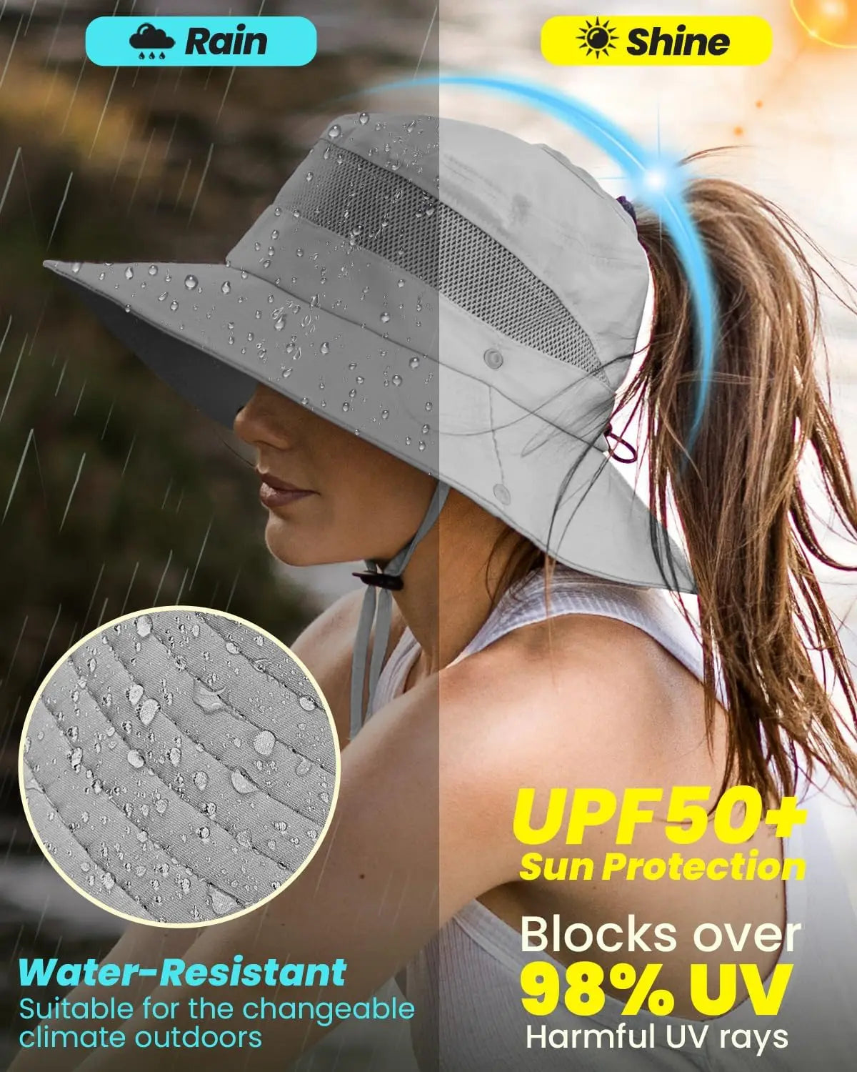 Sun Bucket Hat for Women with Ponytail Hole for Hiking Fishing Safari