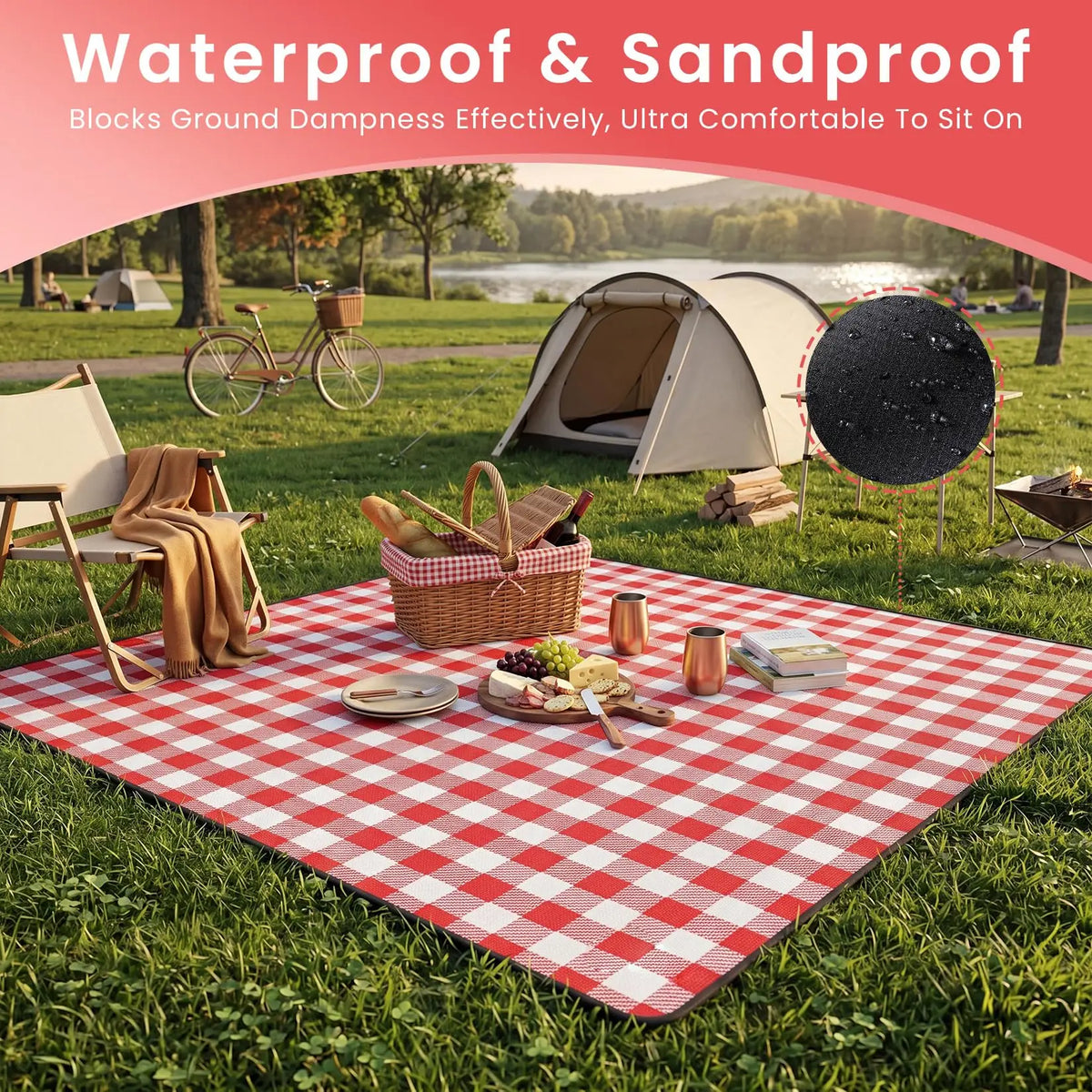 Extra Large Waterproof Picnic Blanket 79x79 Inch 3 Layer Sandproof Outdoor Mat With Soft Acrylic Top And TPU Backing Portable For Beach Park Camping Lawn Red White Checkered