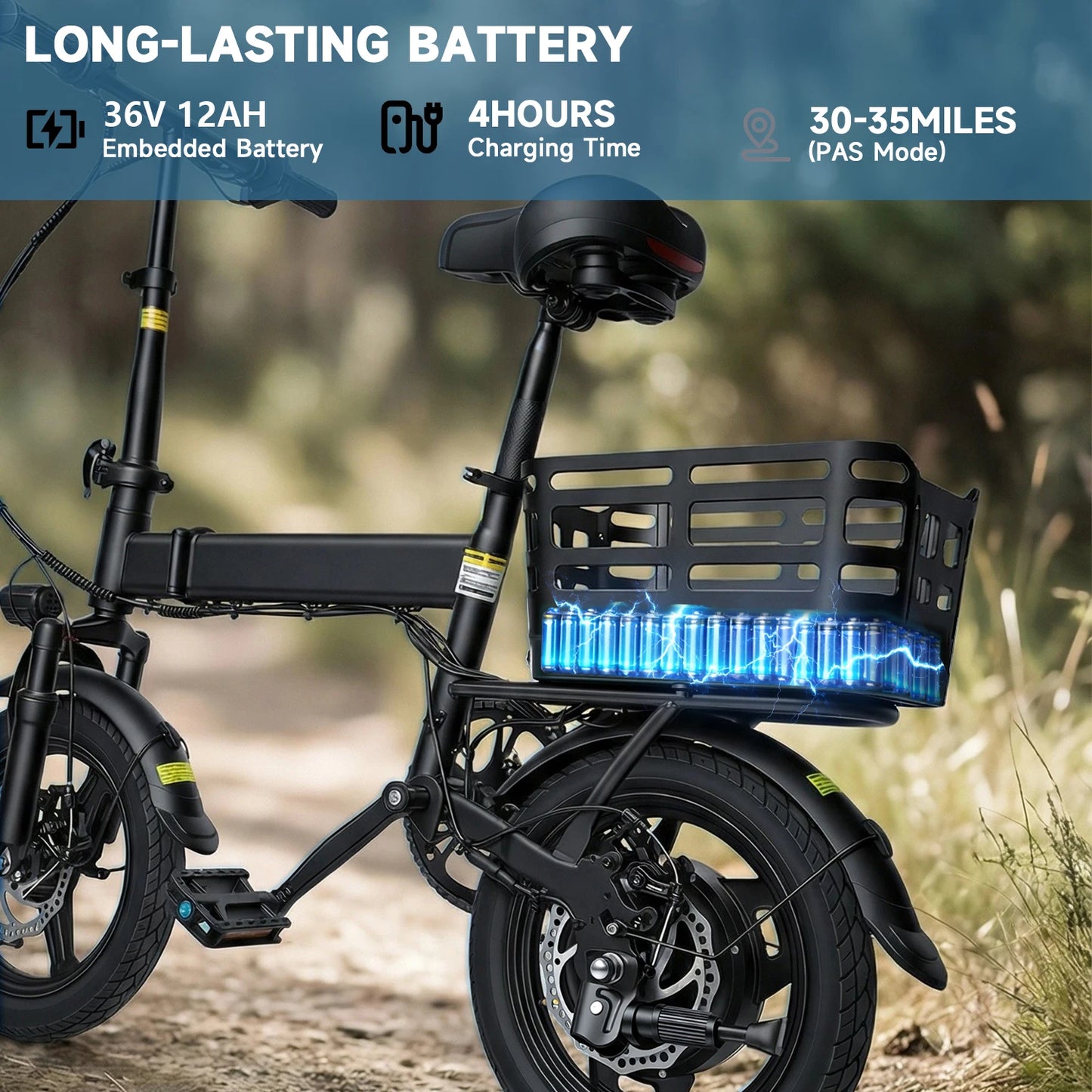 14 Inch Folding Electric Bike, 500W Peak Motor 432Wh Hidden Anti-Theft Battery, 20MPH Speed 35 Miles Range, Adult Mini Ebike with Rear Basket for Commuting Shopping UL2849，Electric Bike for Adults, Ebike, Electric Bicycle