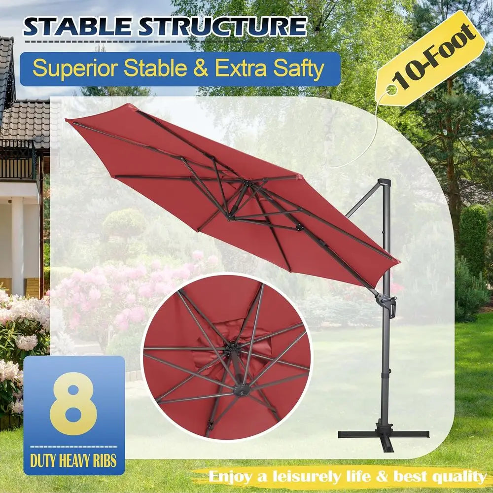 10ft Rotating Cantilever Umbrella with 360° Swivel, 8 Ribs, Fade-Resistant, Waterproof for Outdoor Patio, Garden, Poolside