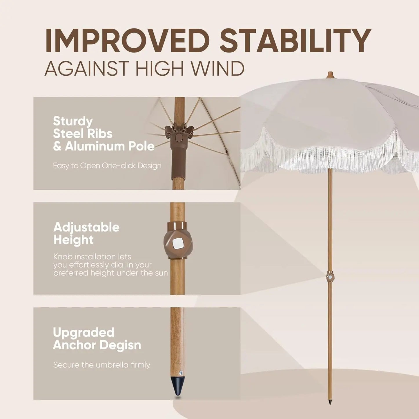 Heavy Duty Beach Umbrella with Sand Anchor, UPF 60+ Aluminum Frame Push Button Tilt for Patio Garden Travel
