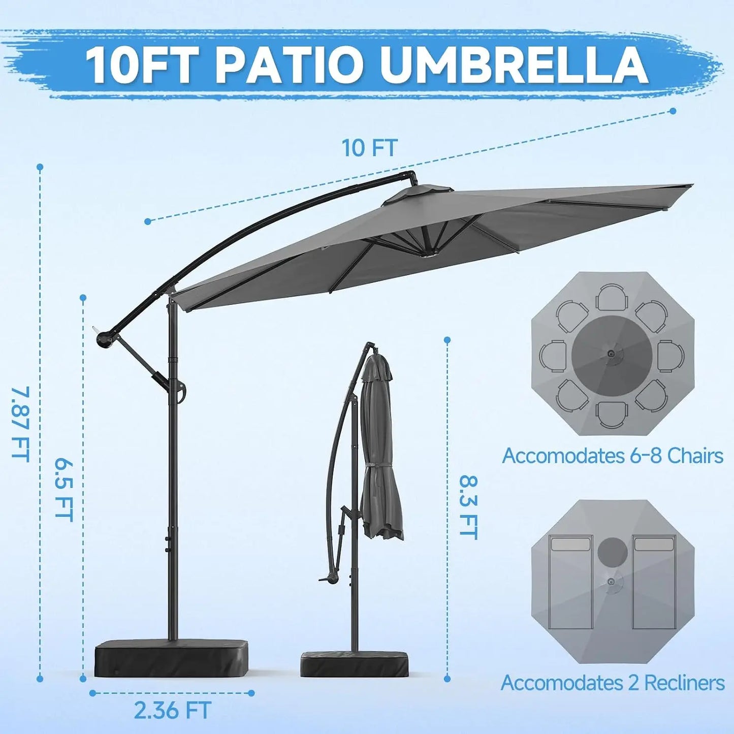 10 Foot Cantilever Patio Umbrella With Base, Outdoor Large Offset Sunshade Canopy With 360 Degree Rotation, Heavy Duty Crank Handle Hanging Market Umbrella For Deck Pool Backyard, Gray