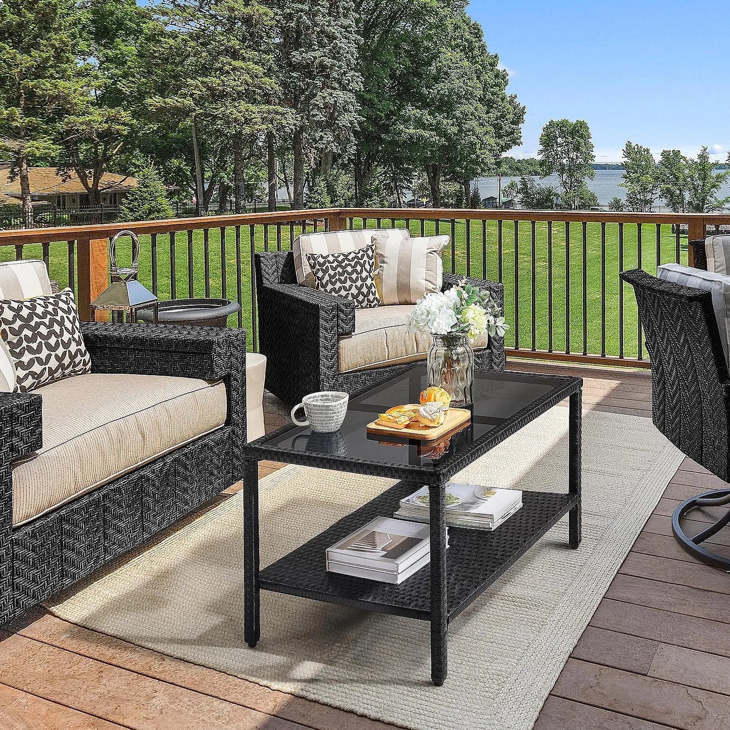 Outdoor Wicker Coffee Side Table All-Weather Rattan Patio Storage with Tempered Glass Top Black