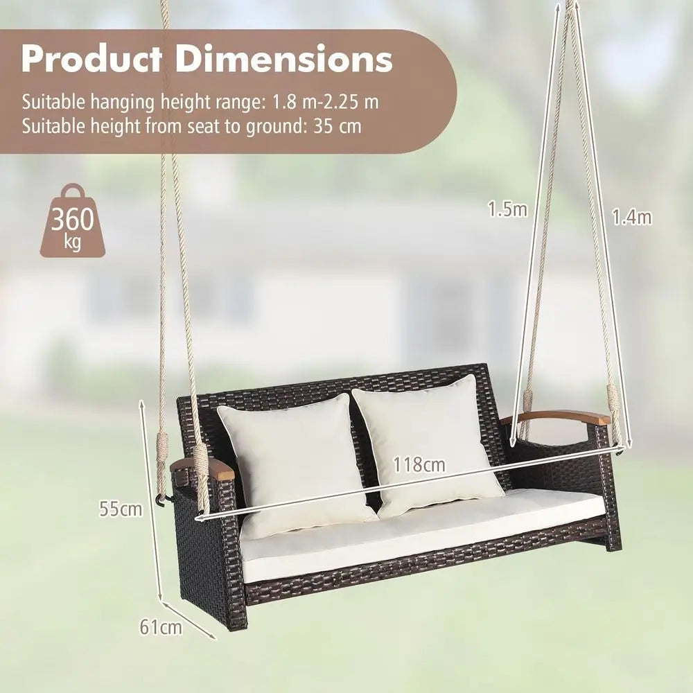 Outdoor Hanging Swing Bench with Cushions, Acacia Wood Armrests, Creamy White