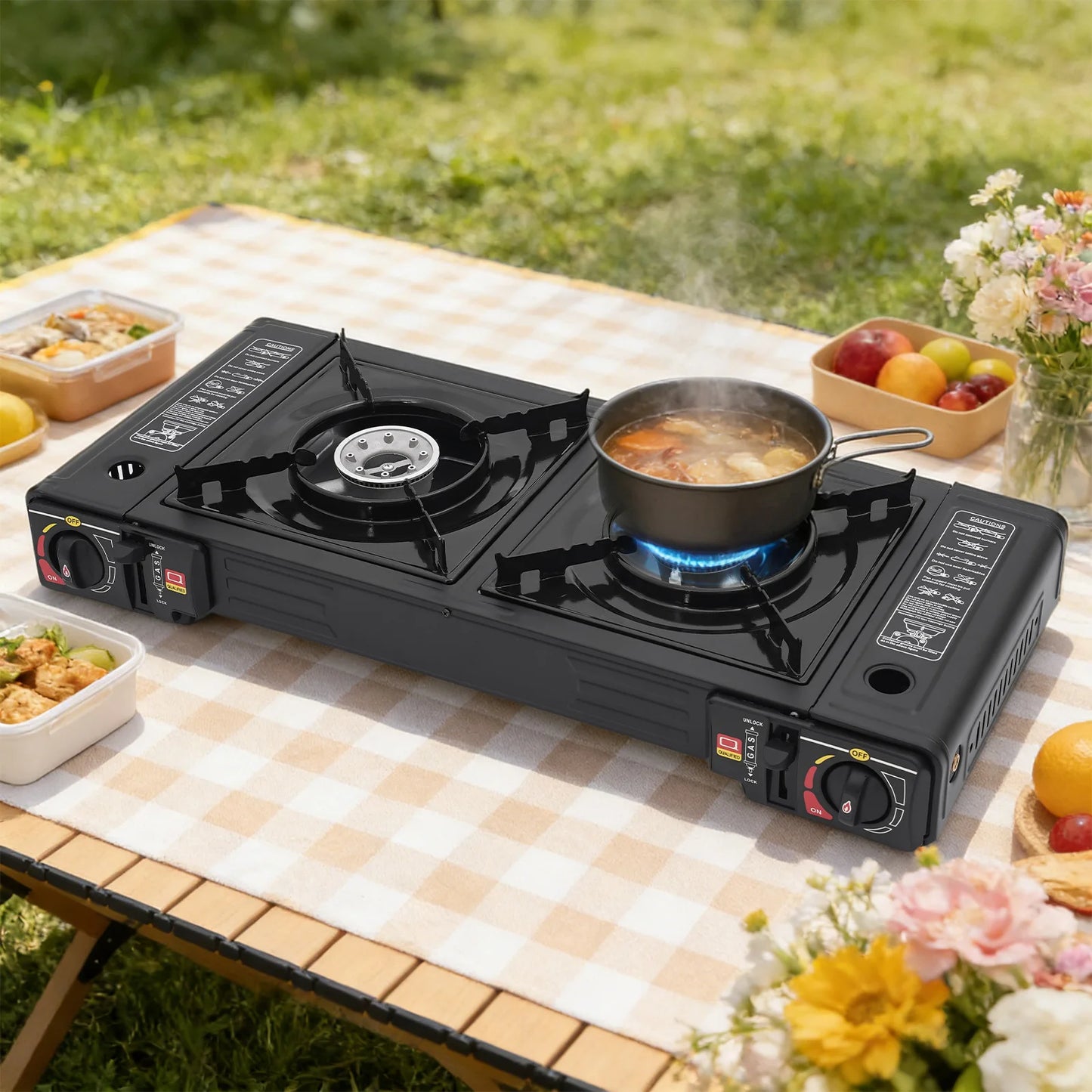 2 Burners Portable Camping Stove with Baking Tray & Carrying Case, Outdoor Gas Stove for Picnic RV Tailgating