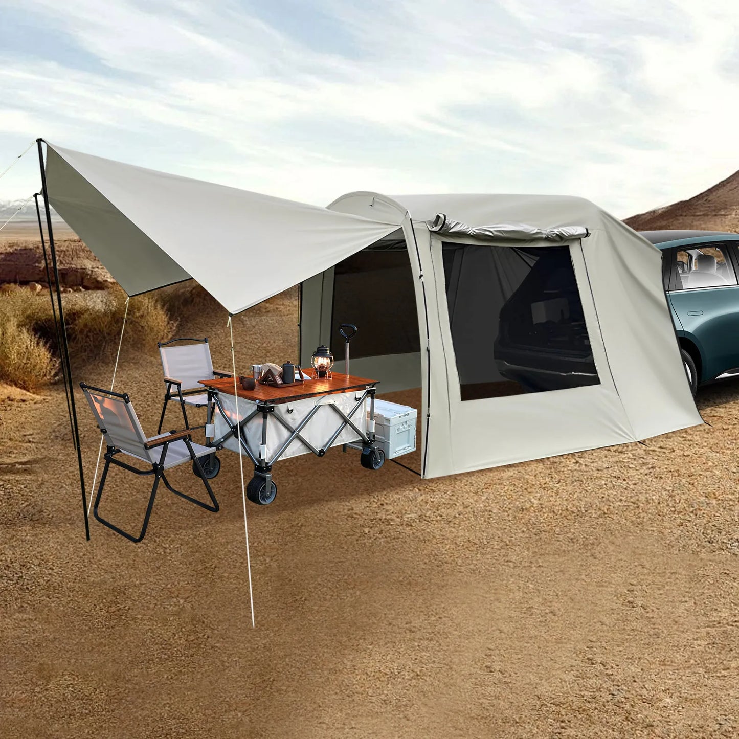 Outdoor Car Awning Tent Pu3000 Waterproof Camping 210T Silver-Coated Polyester UV40 Sunscreen 5-8 People Capacity