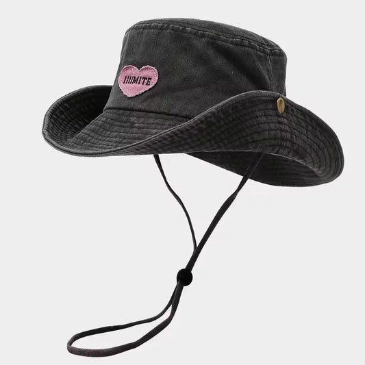 Japanese Retro Washed Cowboy Hats for Women Spring and Summer Outdoor Camping Sun Protection Sweet Pink Love Bucket Caps