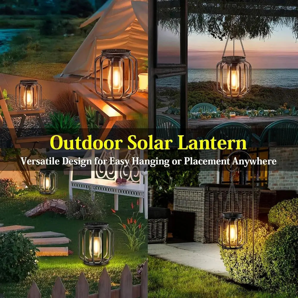 Hanging Lanterns Outdoor: 2 Pack Metal Hanging Lights with Hook, Bright Warm Waterproof LED Lanterns for Outside, Classic Decora