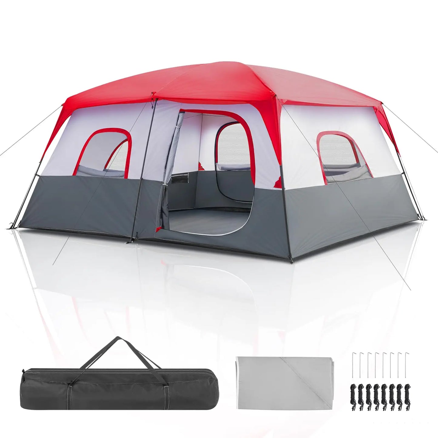 14-Person 2-Room Cabin Tent With Divider Waterproof Windproof Camping Shelter Red White