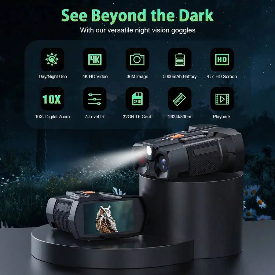 4K Ultra HD Night Vision Binoculars With 5000mAh Rechargeable Battery, 4.5' Large Screen, 10X Digital Zoom, USB Charging, For Ca