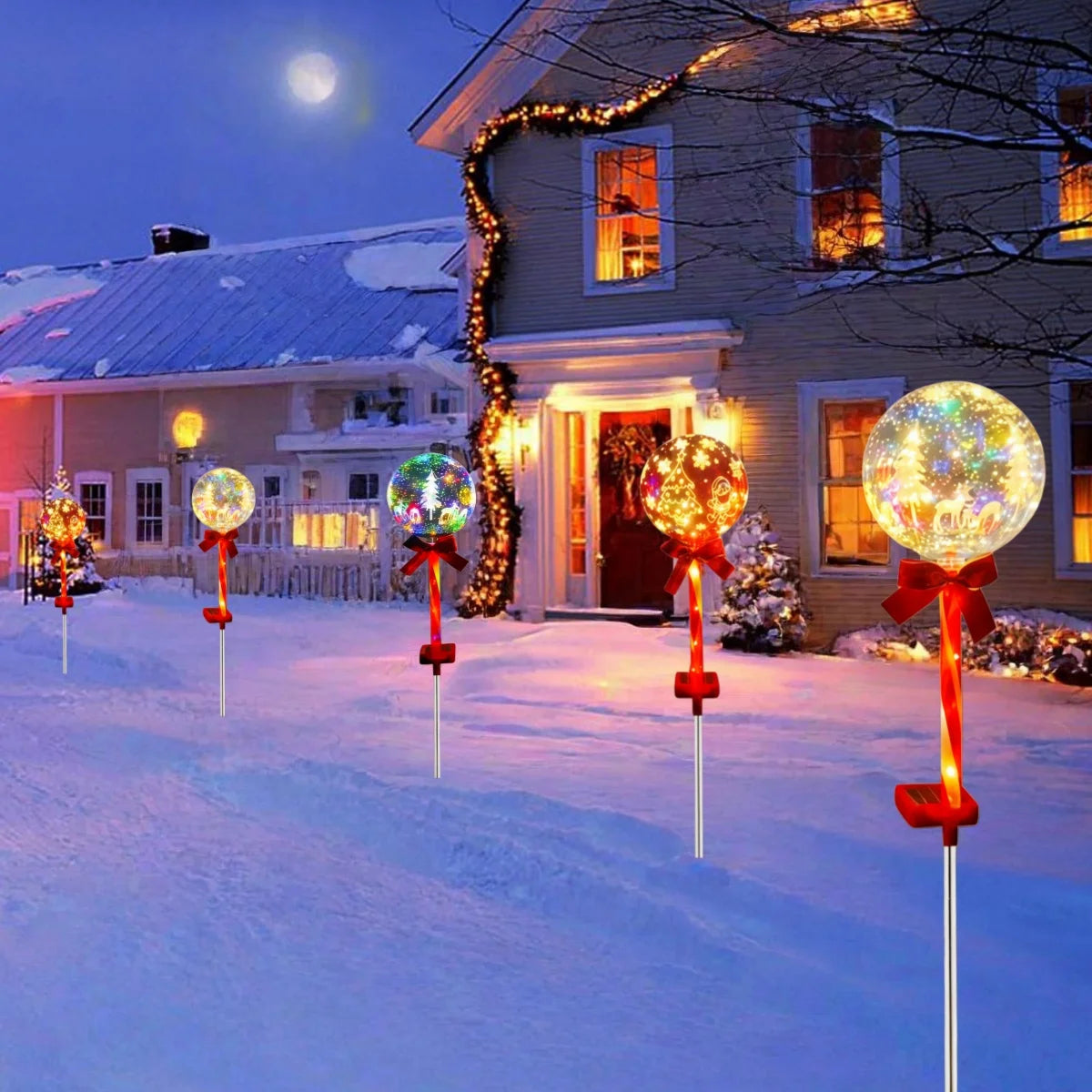 Outside Solar Christmas Lights, Christmas Garden Solar Ball Pile Light, Garden Christmas Tree Snowflake Elk Santa Claus Pile Lantern Ball, for Garden Pathway Home Cemetery Decorations