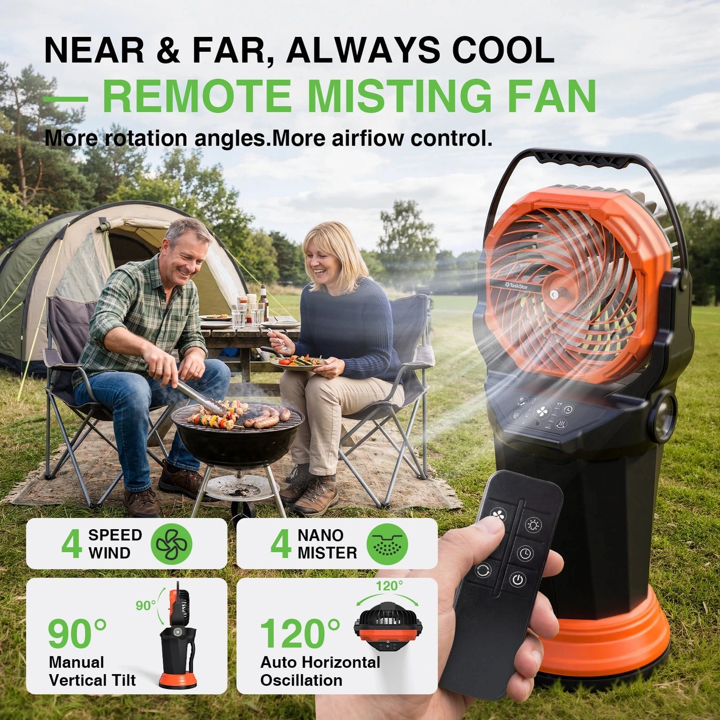 TaskStar Portable Misting Fan 33000mAh Large Rechargeable Battery Powered Outdoor Cooling Fan with Remote Control&2L Tank, Grip Handle Camping Fan with Ambient Lighting, 120° Auto-Oscillation, Timer Function