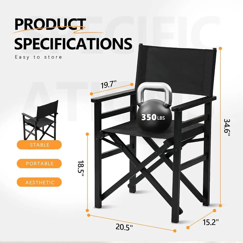 Portable Wooden Folding Director Chairs Set of 2 with Beige Canvas, Durable for Outdoor and Camping Use, Black
