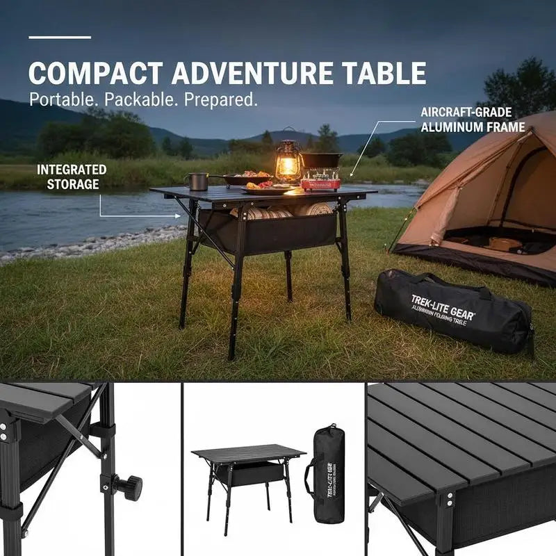 Outsunny camping table with storage basket, height-adjustable, foldable, aluminum, black