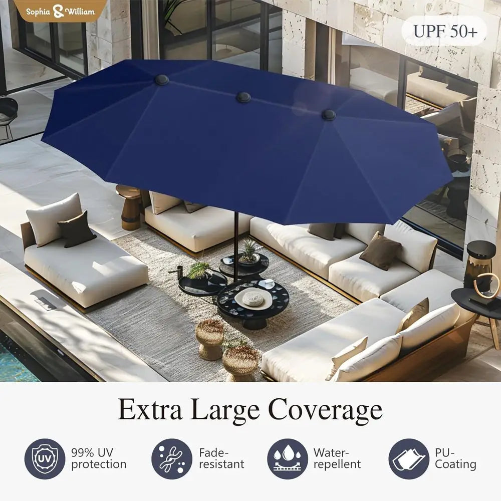 Large Navy Blue Double-Sided Patio Umbrella for Outdoor Deck, Garden, and Pool Use