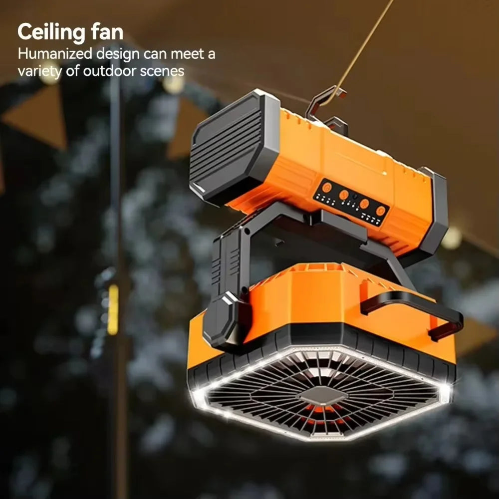 Outdoor Camping Fan 20000mAh Rechargeable Fan with LED Lantern & Remote for Fishing Travel, 4 Speeds 8H Timer, Hanging Hook