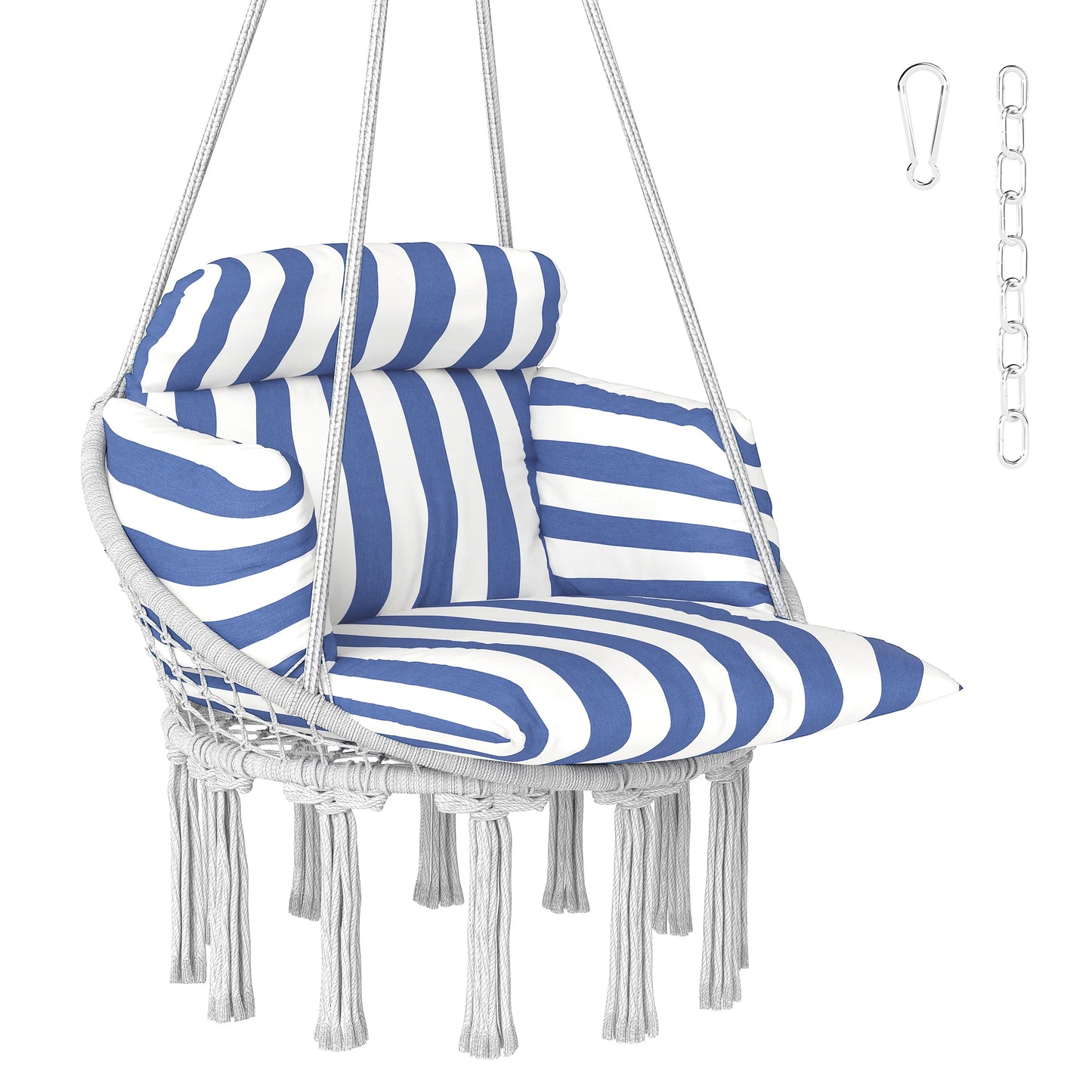 Hanging Hammock Chair with Cushion, Macrame Swing Chair, Blue