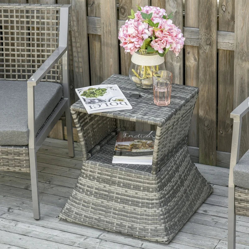Outsunny Rattan Side Table with Umbrella Hole, 2-Tier Outdoor Storage Shelf, Weather-Resistant Grey Patio Garden Furniture