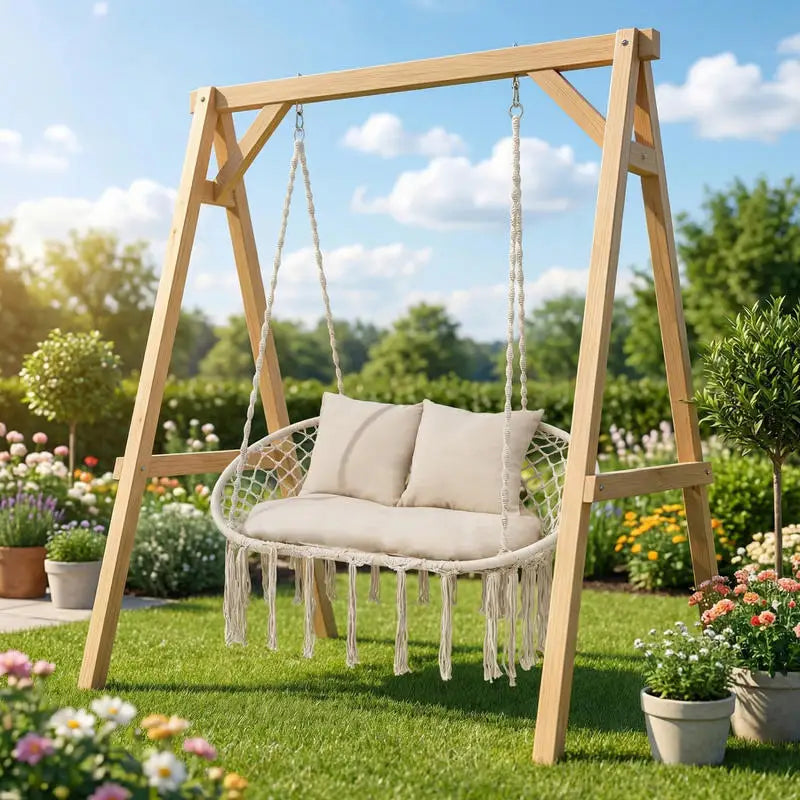 Double Swing Chair with Cushions Macrame Hanging Hammock Chair for Indoor and Outdoor Use-Beige