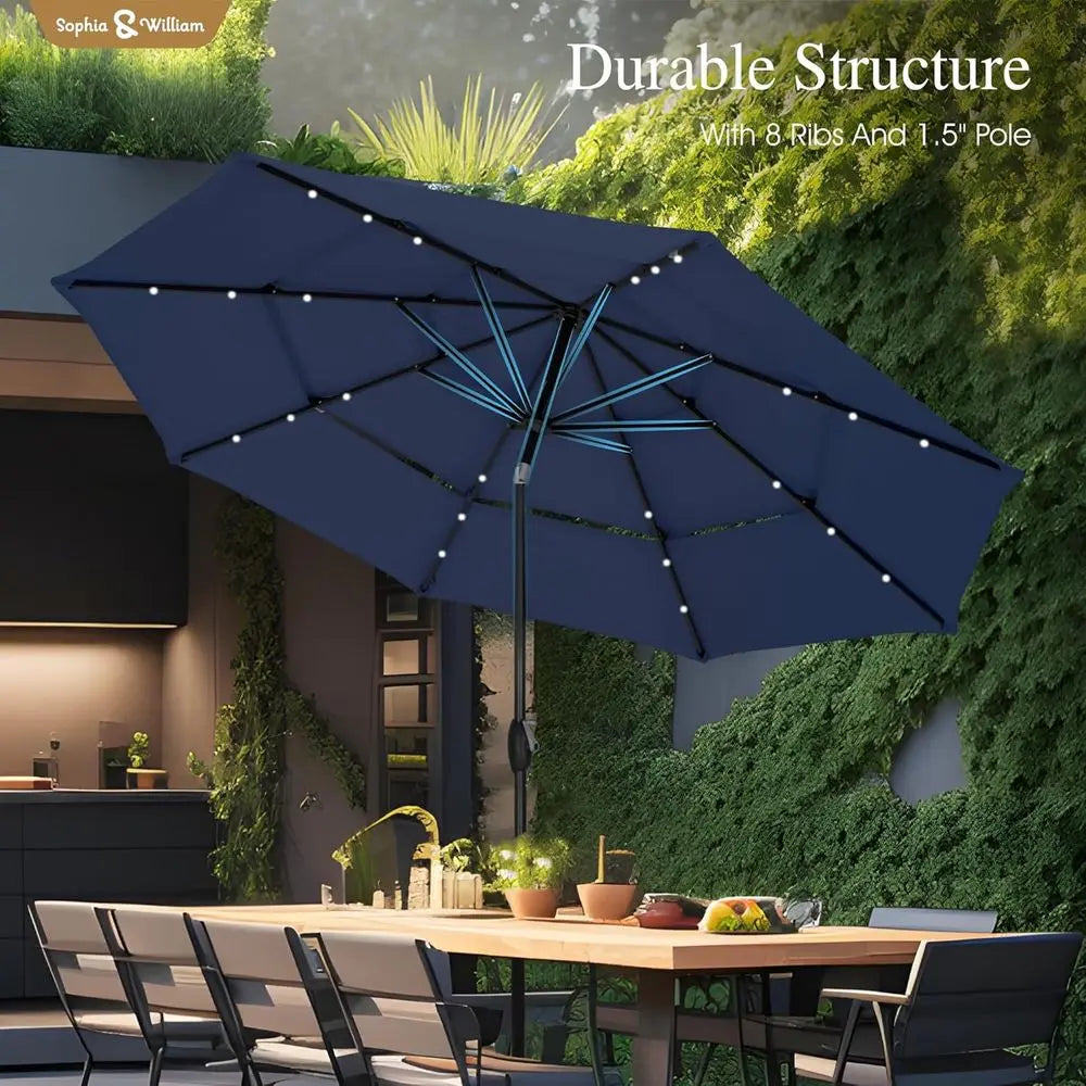 Outdoor 3-Tier Vented Patio Umbrella with 24 LED Lights, Adjustable for Pool, Garden, Navy Blue