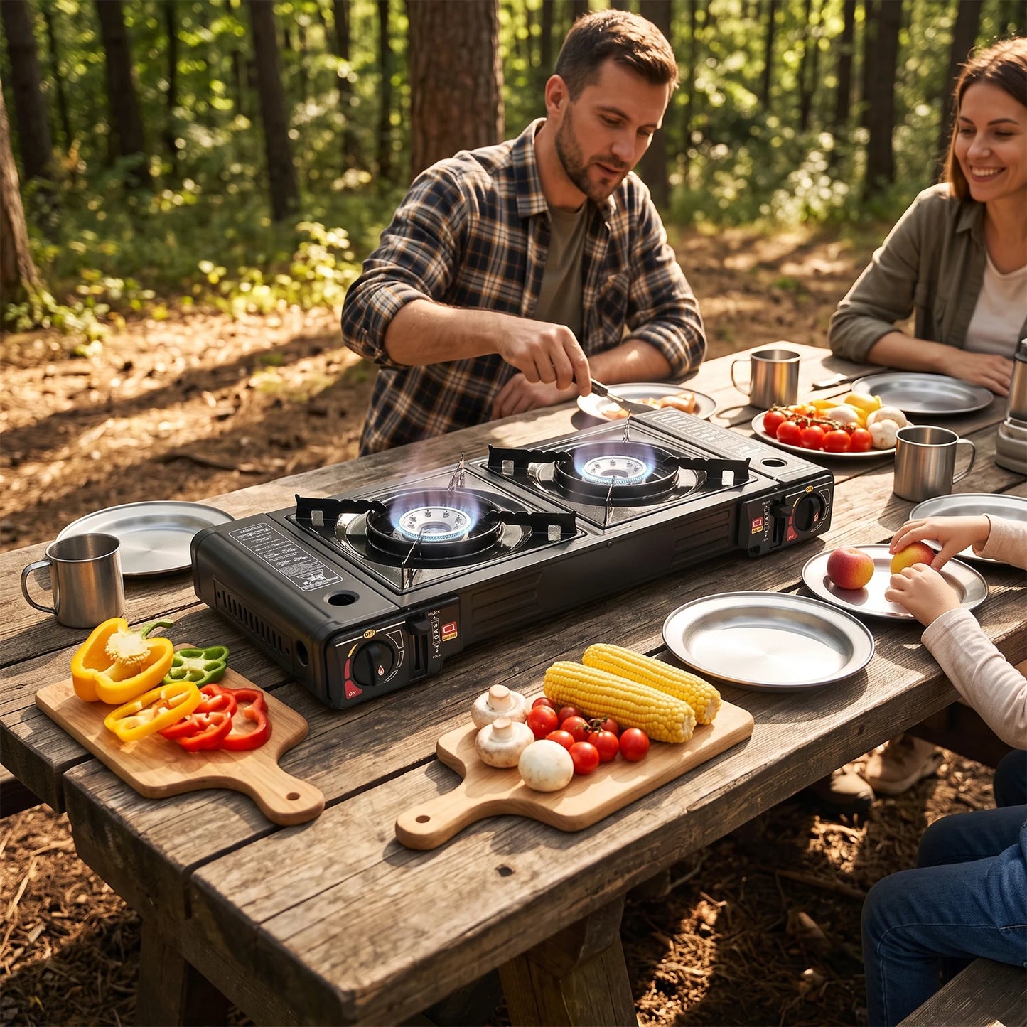 2 Burners Portable Camping Stove with Baking Tray & Carrying Case, Outdoor Gas Stove for Picnic RV Tailgating