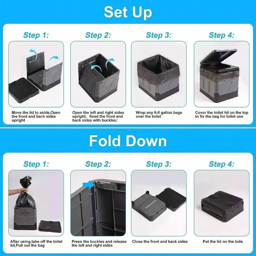Portable Folding Toilet With Lid - Camping, Boating & Outdoor Travel Emergency Use - Includes Trash Bag & Storage Bag - No Electricity Required - Space-Saving Design For Cars, Trucks & RVs - Durable Plastic