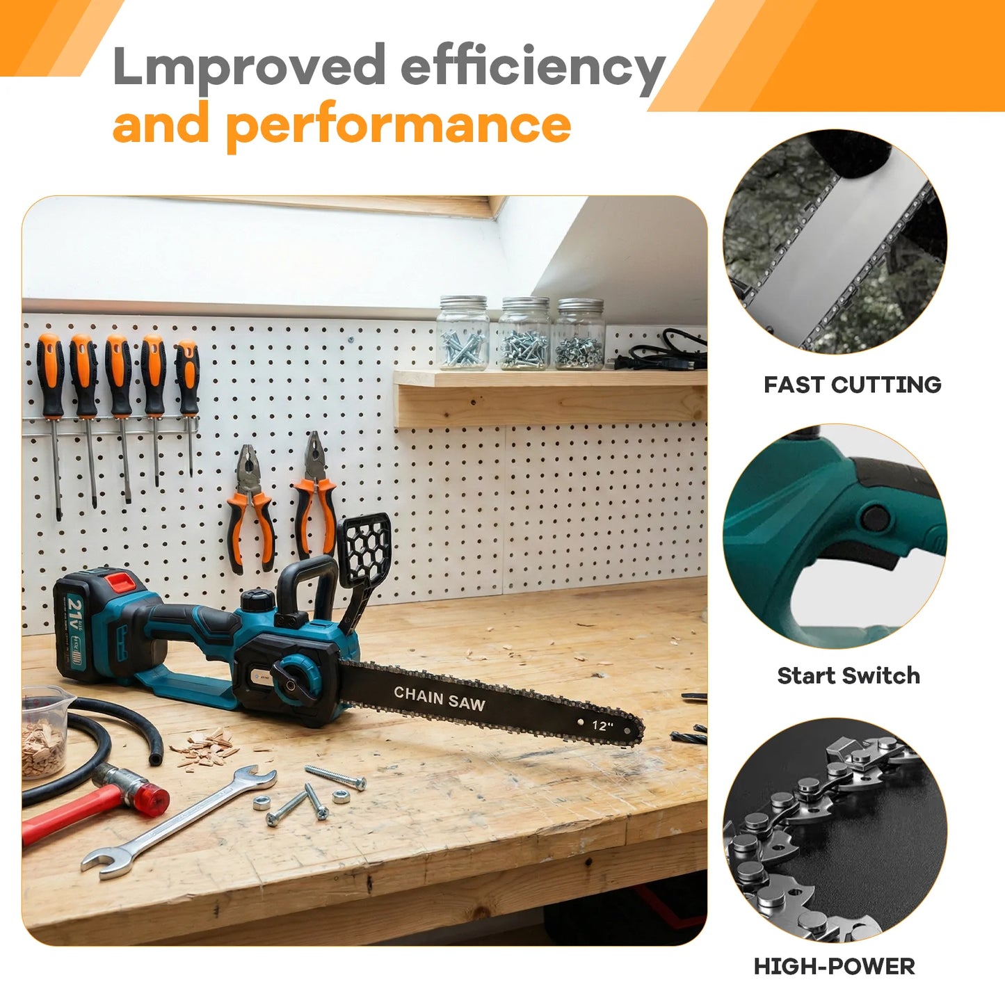 Cordless 12 Inch Electric Chainsaw 21V With 2x3000mAh Battery