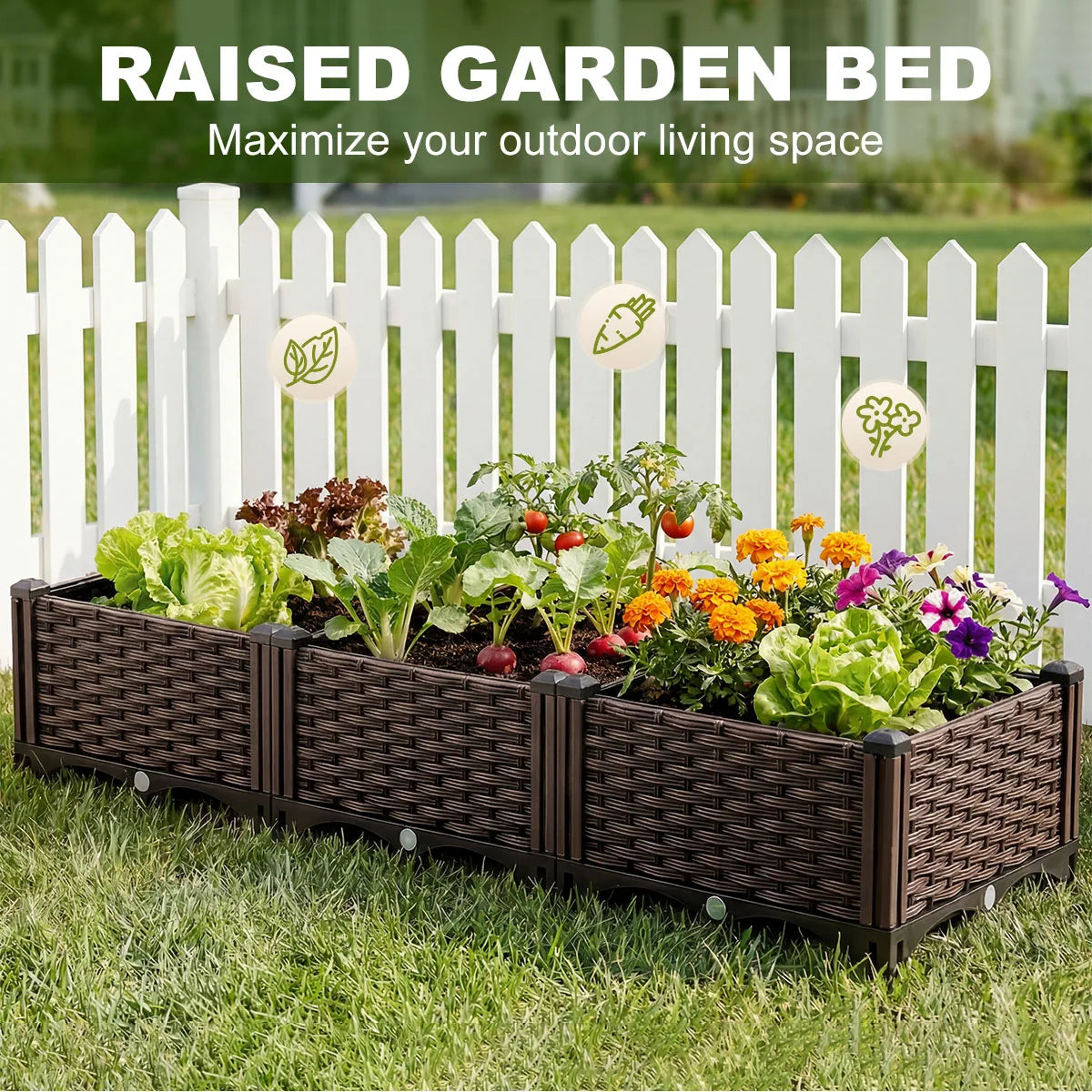 Rectangular Raised Garden Bed Kit Outdoor Plastic Planter Grow Box for Fresh Vegetables, Herbs, Flowers & Succulents,