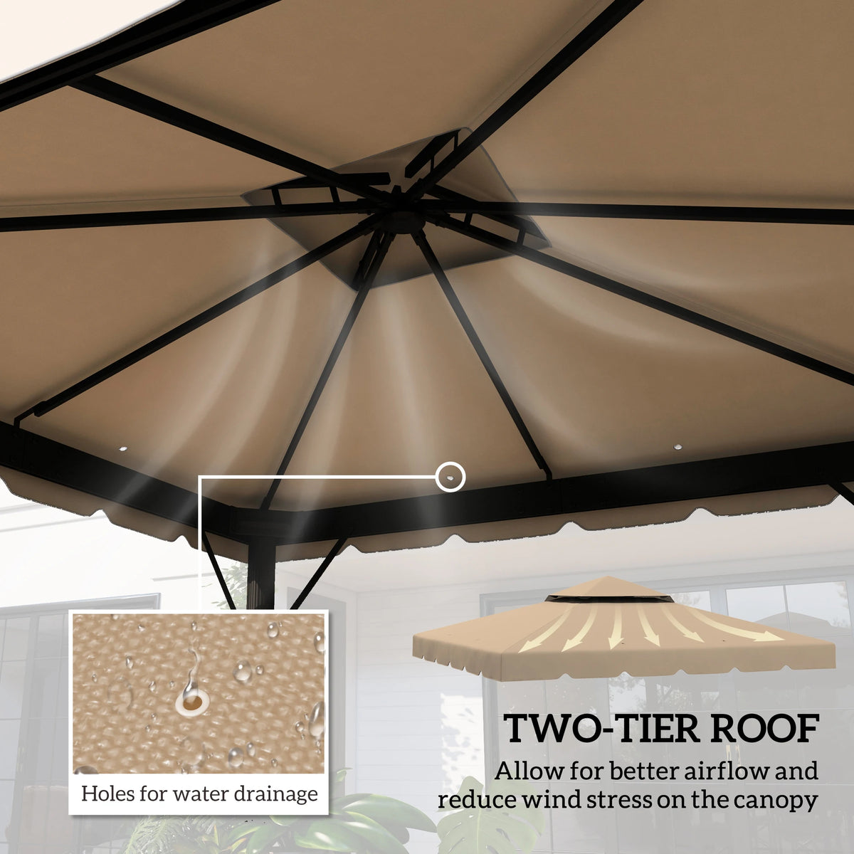 Outsunny 10'X10' Double Roof Gazebo Replacement Canopy Top Cover, Khaki